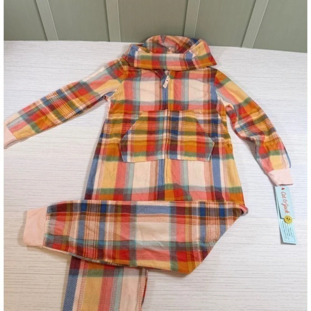 Cat & Jack Kids Medium 8 Plaid Hooded Fleece One Piece Pajamas Multicolor Pink